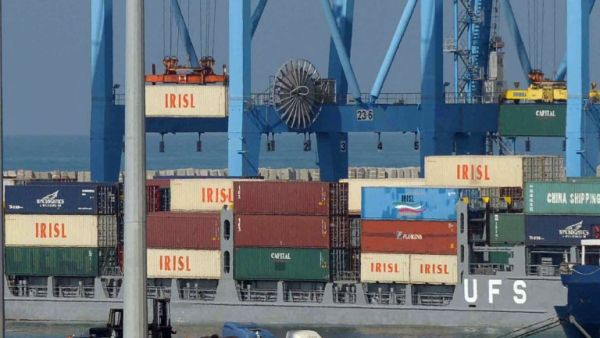 The logo of the Islamic Republic of Iran Shipping Lines (IRISL) mark containers being lifted from the Francorp in the Israeli port of Ashdod .