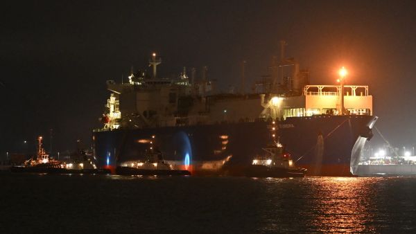 Liquefied natural gas (LNG) tanker, Golar Tundra (Rear R), a floating storage and regasification unit, enters the port of Piombino, Tuscany, late on March 19, 2023, after it departed from Singapore, crossed the Suez Canal to enter the Mediterranean. AFP Suez Canal