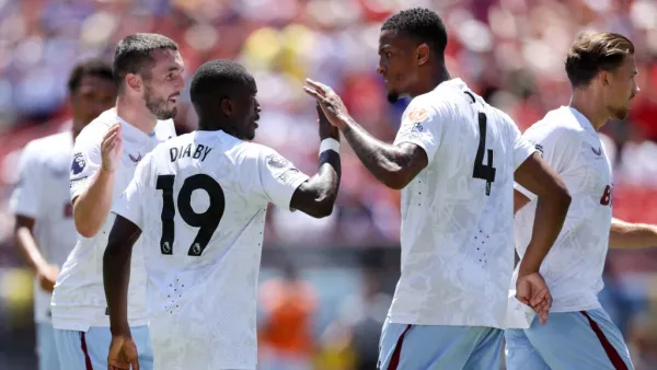 Moussa Diaby of Aston Villa celebrates with teammates after scoring the teams second goal during the Premier League Summer Series match between Aston Villa and Brentford FC at FedExField on July 30, 2023 in Landover, Maryland. Patrick Smith/Getty Images/AFP (Photo by Patrick Smith / GETTY IMAGES NORTH AMERICA / Getty Images via AFP)