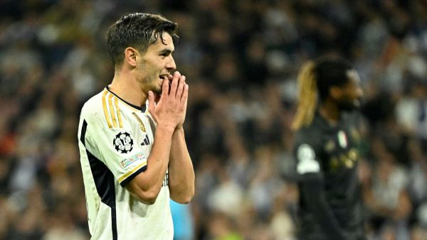 Real Madrid's Spanish forward #21 Brahim Diaz reacts during the UEFA Champions League first round group C football match between Real Madrid CF and SSC Naples at the Santiago Bernabeu stadium in Madrid on November 29, 2023. (Photo by JAVIER SORIANO / AFP)