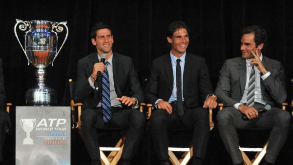 L-R) Novak Djokovic, Rafael Nadal, and Roger Federer attend the ATP Heritage Celebration at The Waldorf=Astoria on August 23, 2013 in New York City. D Dipasupil/Getty Images/AFP (Photo by D Dipasupil / GETTY IMAGES NORTH AMERICA / Getty Images via AFP)