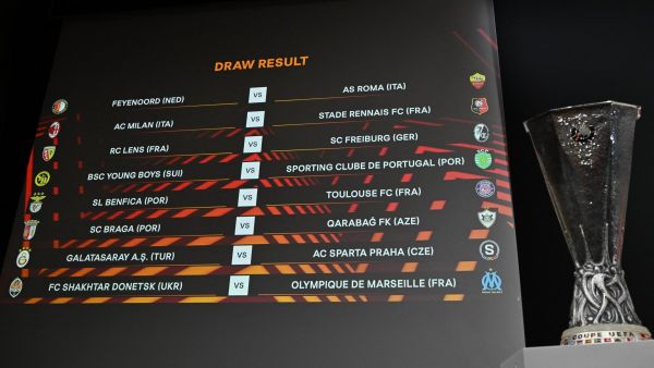 The results are displayed on a screen next to the UEFA Europa League cup at the end of the UEFA Europa League knockout stage play-off draw at the House of European Football in Nyon on December 18, 2023. (Photo by Fabrice COFFRINI / AFP)