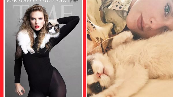 Taylor Swift on the cover of Time as the 2023 Person of the Year, with her cat Benjamin Button (L); Taylor Swift and Benjamin Button. (Inez and Vindooh/ Time)