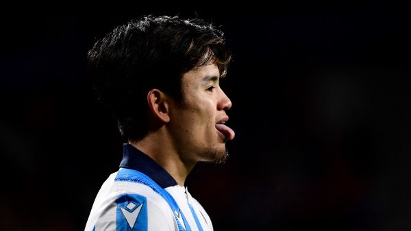Real Sociedad's Japanese forward #14 Takefusa Kubo reacts during the Spanish league football match between CA Osasuna and Real Sociedad at El Sadar stadium in Pamplona on December 2, 2023. (Photo by ANDER GILLENEA / AFP)