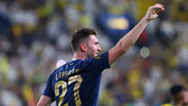 Nassr's French defender #27 Aymeric Laporte celebrates his goal during the Saudi Pro League football match between Al-Nassr and Al-Khaleej at the al-Awwal Park Stadium in Riyadh on November 4, 2023. (Photo by Fayez NURELDINE / AFP)