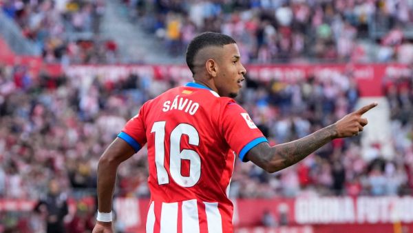 Girona's Brazilian midfielder #16 Savio Moreira celebrates scoring a goal during the Spanish league football match between Girona FC and UD Almeria at the Montilivi stadium in Girona on October 22, 2023. (Photo by Pau BARRENA / AFP)