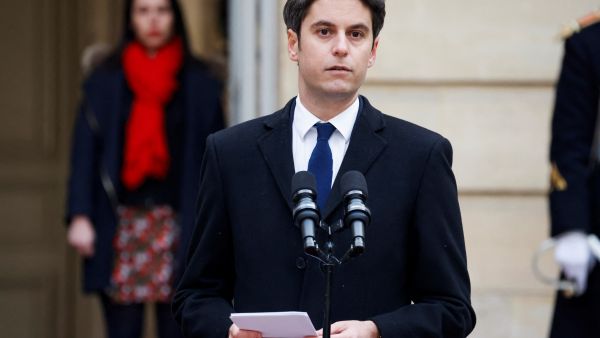 Newly appointed Prime minister Gabriel Attal delivers a speech during the handover ceremony with outgoing Prime minister Elisabeth Borne at the Hotel Matignon in Paris, on January 9, 2024.