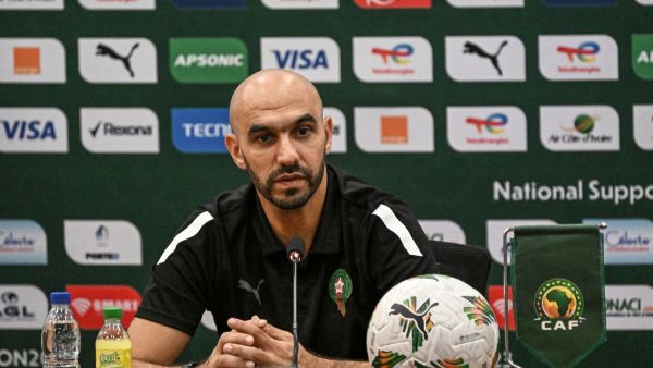Morocco's head coach Walid Regragui attends a press conference at the Laurent Pokou stadium in San-Pedro on January 29, 2024 on the eve of the round of 16 Africa Cup of Nations (CAN) 2024 football match between Morocco and South Africa. (Photo by Sia KAMBOU / AFP)