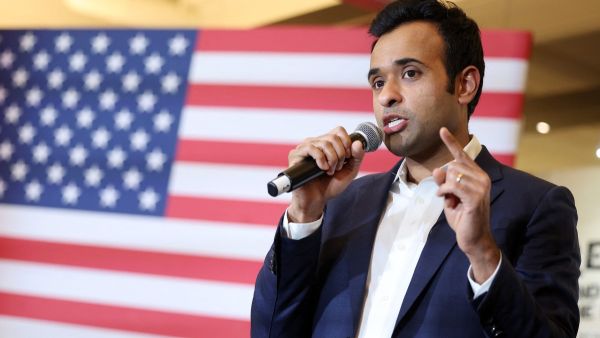Republican presidential candidate Vivek Ramaswamy speaks at his caucus night event at the Surety Hotel on January 15, 2024 in Des Moines, Iowa.