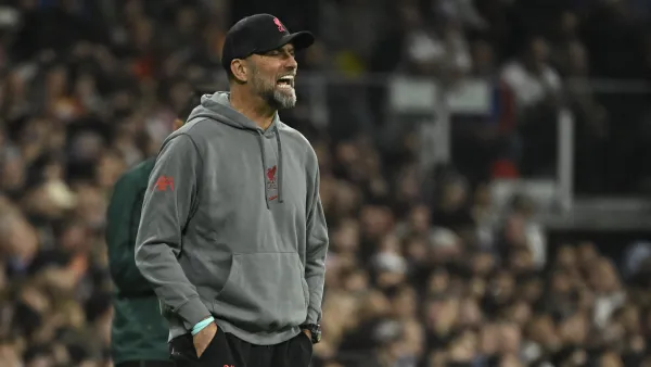 Liverpool's German coach Jurgen Klopp reacts during the UEFA Champions League last 16 second leg football match between Real Madrid CF and Liverpool FC at the Santiago Bernabeu stadium in Madrid on March 15, 2023. (Photo by JAVIER SORIANO / AFP)