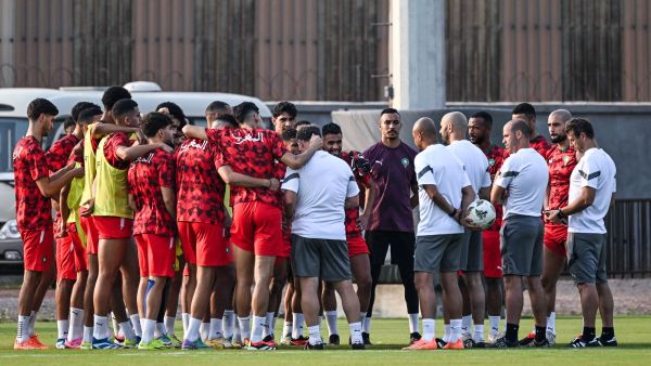 Moroccan players attend a training session at the Auguste Denise stadium, in San Pedro, on January 16, 2024, on the eve of the Africa Cup of Nations (CAN) football match between Morocco and Tanzania. (Photo by Sia KAMBOU / AFP)
