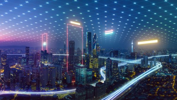 Smart city and abstract polygon pattern connection with speed line light