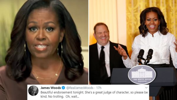 Video of Michelle Obama saying "Harvey Weinstein is a wonderful human being, a good friend and a powerhouse" sparks outrage. (X)