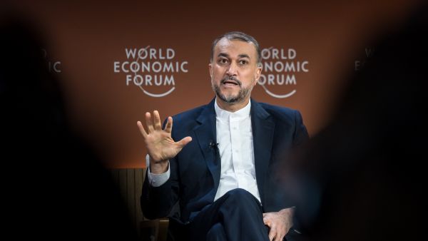 Iranian Foreign Minister Hossein Amir-Abdollahian gestures during a session at the World Economic Forum (WEF) meeting in Davos on January 17, 2024. (Photo by Fabrice COFFRINI / AFP)