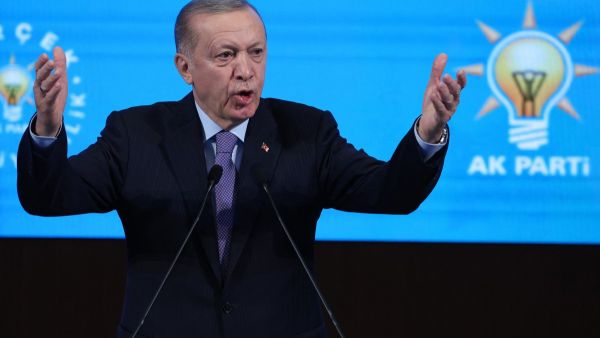 Turkish President Recep Tayyip Erdogan speaks during the presentation of the Justice and Development Party's (AK Party) election manifesto at the AK Party Congress Centre in Ankara, on January 30, 2024. (Photo by Adem ALTAN / AFP)