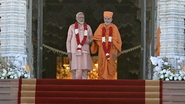 This picture taken in Abu Dhabi on February 14, 2024 shows preparations ahead of the arrival of the Indian prime minister for the inaguruation of the BAPS Hindu Mandir, the largest Hindu temple in the Middle East.