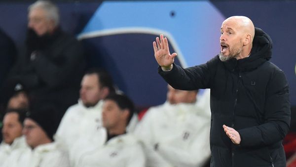 Manchester United's Dutch manager Erik ten Hag gestures from the sideline during the UEFA Champions League group A football match between Manchester United and FC Bayern Munich at Old Trafford stadium in Manchester, north west England, on December 12, 2023. (Photo by PETER POWELL / AFP)