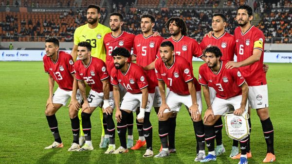 Egypt's players pose ahead of the Africa Cup of Nations (CAN) 2024 round of 16 football match between Egypt and DR Congo at the Stade Laurent Pokou in San Pedro on January 28, 2024. (Photo by SIA KAMBOU / AFP)