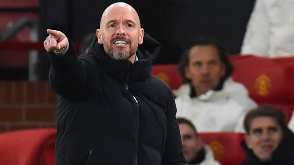 Manchester United's Dutch manager Erik ten Hag gestures from the sideline during the UEFA Champions League group A football match between Manchester United and FC Bayern Munich at Old Trafford stadium in Manchester, north west England, on December 12, 2023. (Photo by PETER POWELL / AFP)
