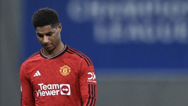 Manchester United's English striker #10 Marcus Rashford leaves the pitch after receiving the red card during the UEFA Champions League Group A football match between FC Copenhagen and Manchester United FC in Copenhagen, Denmark on November 8, 2023. (Photo by Jonathan NACKSTRAND / AFP)