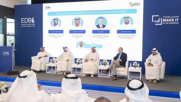 EDB Chief Business Officer Shaker Zainal moderating the first panel discussion on fosterin Emirates Development Bank Forum Highlights Role of Strategic Partnerships in Sharjah’s Economic Growth and Diversification