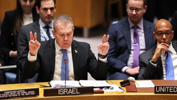 Israeli Ambassador to the UN Gilad Erdan (L) speaks, flanked by US Deputy Ambassador to the UN Robert Wood (R), during a United Nations Security Council meeting at UN headquarters in New York on April 17, 2024. AFP UN Security-General