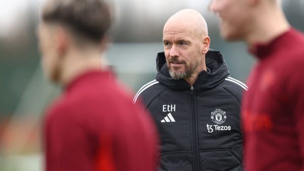 Manchester United's Dutch manager Erik ten Hag takes a team training session at the Carrington Training Complex in Manchester, north-west England on December 11, 2023 on the eve of their UEFA Champions League Group A football match against Bayern Munich. (Photo by Darren Staples / AFP)