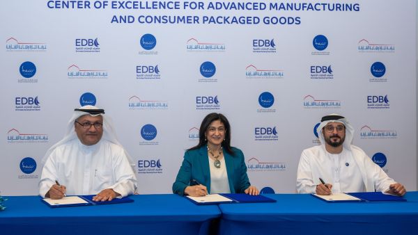 From left to right: H.E. Mohamed Al Awadhi, Director General of SCCI; H.E. Najla Ahmed Al Midfa, CEO of Sharjah Entrepreneurship Center (Sheraa); and H.E. Ahmed Mohamed Al Naqbi, CEO of Emirates Development Bank during a group signing of the new strategic partnership to launch the CoE for Advanced Manufacturing and CPG.