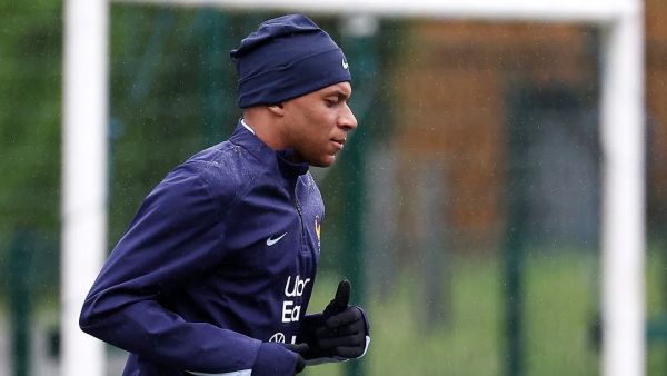 France's forward Kylian Mbappe takes part in a training session in Clairefontaine-en-Yvelines, as part of the team's preparation for upcoming UEFA Euro 2024 Football Championship on May 29, 2024. The UEFA Euro 2024 championship will take place from June 14 to July 14, 2024 in Germany. (Photo by FRANCK FIFE / AFP)