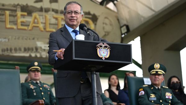 Colombian President Gustavo Petro delivers a speech during a military ceremony at the Military School of Cadets General Jose Maria Cordova in Bogota on May 31, 2024. (Photo by Raul ARBOLEDA / AFP) Colombia bans Israel from coal exports over Gaza war