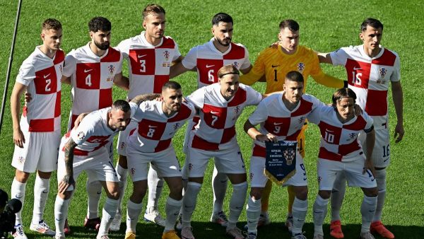 Croatia's players pose for a team picture during the UEFA Euro 2024 Group B football match between Spain and Croatia at the Olympiastadion in Berlin on June 15, 2024. (Photo by GABRIEL BOUYS / AFP)