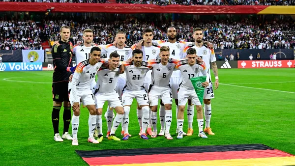 Germany's team pose prior the friendly football match Germany v Ukraine, in Nuremberg, eastern Germany, on June 3, 2024. (Photo by Tobias SCHWARZ / AFP)