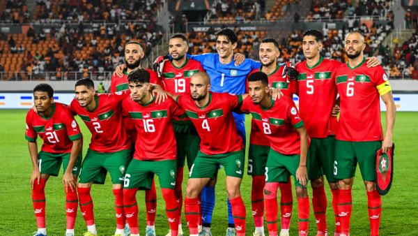 Morocco's players pose ahead of the Africa Cup of Nations (CAN) 2024 round of 16 football match between Morocco and South Africa at the Stade Laurent Pokou in San Pedro on January 30, 2024. (Photo by SIA KAMBOU / AFP)