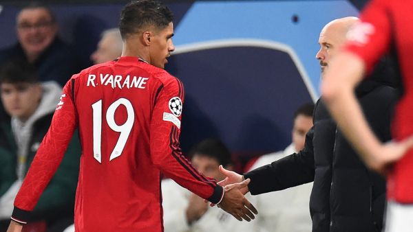 Manchester United's French defender #19 Raphael Varane leaves the pitch as he is substituted during the UEFA Champions League group A football match between Manchester United and FC Bayern Munich at Old Trafford stadium in Manchester, north west England, on December 12, 2023. (Photo by PETER POWELL / AFP)
