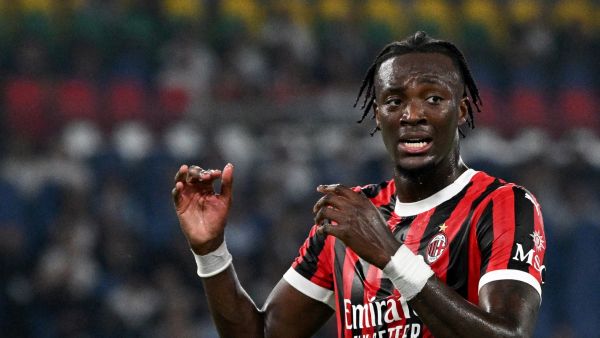 AC Milan English striker #90 Tammy Abraham reacts during the Italian Serie A football match between Lazio and Milan at the Olympic stadium in Rome on August 31, 2024. (Photo by tiziana fabi / AFP)