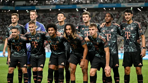 Players from Bayern Munich pose for a team photo before a friendly football match between Tottenham Hotspur and Bayern Munich at the Seoul World Cup Stadium in Seoul on August 3, 2024. (Photo by Anthony WALLACE / AFP)