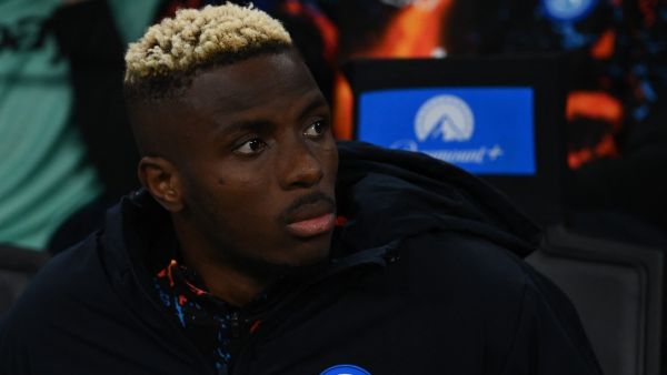 Napoli's Nigerian forward #09 Victor Osimhen looks on prior to the Serie A football match between Inter Milan and Napoli at San Siro stadium in Milan, on March 17, 2024. (Photo by Isabella BONOTTO / AFP)