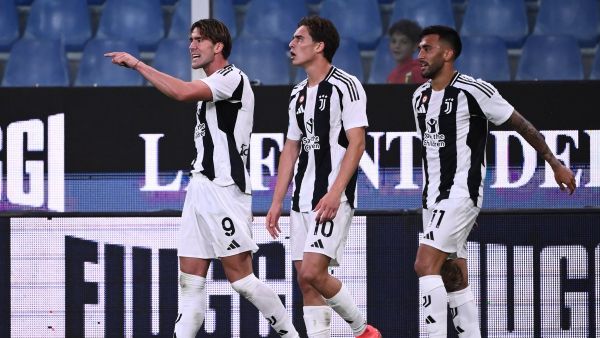 يوفنتوس يستعد لملاقاة لايبزيغ اليوم Juventus’ Serbian forward #09 Dusan Vlahovic celebrates after scoring a goal (L) during the Italian Serie A football match bewteen Genoa and Juventus at the Luigi-Ferraris Stadium, in Genoa on September 28, 2024. (Photo by MARCO BERTORELLO / AFP)