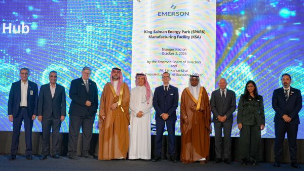 Inaugural moment – Emerson Saudi Arabia’s Manufacturing Hub at SPARK (Left to right): Mishal Al Zughaibi, President and Chief Executive Officer, SPARK, Fahad Al Abdul Kareem, Executive Vice President, Saudi Aramco, James Turley, Chairman of the Board, Emerson, His Excellency Mohammad Abahussain, Deputy Minister for Integrated Investors Services, Ministry of Investment, Saudi Arabia, Khalid Al Kharboush, Vice President, SABIC, Mathias Schinzel, President, Emerson Middle East & Africa, His Excellency Fuad Mos