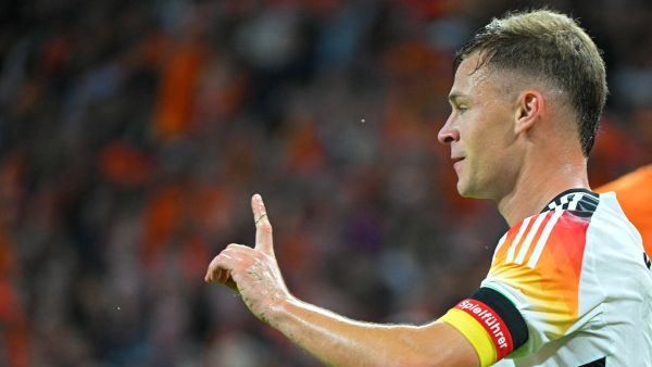 Germany's midfielder #6 Joshua Kimmich reacts during the UEFA Nations League football match between Netherlands and Germany at the Johan Cruyff Arena in Amsterdam, on September 10, 2024. (Photo by NICOLAS TUCAT / AFP)