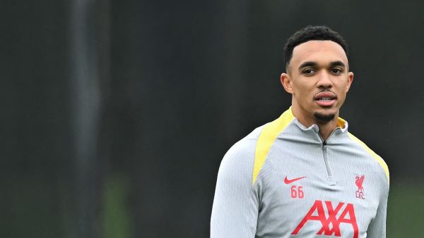Liverpool's English defender #66 Trent Alexander-Arnold takes part in a training session, at the AXA training centre in Liverpool, north west England, on November 4, 2024, on the eve of their UEFA Champions League football match against Bayer Leverkusen. (Photo by Paul ELLIS / AFP)