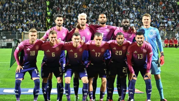 Germany's players pose prior to the UEFA Nations League, League A - Group 3, football match between Bosnia and Herzegovina and Germany at the Bilino Polje Stadium in Zenica, on October 11, 2024. (Photo by Elvis Barukcic / AFP)