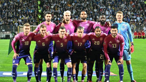 Germany's players pose prior to the UEFA Nations League, League A - Group 3, football match between Bosnia and Herzegovina and Germany at the Bilino Polje Stadium in Zenica, on October 11, 2024. (Photo by Elvis Barukcic / AFP)