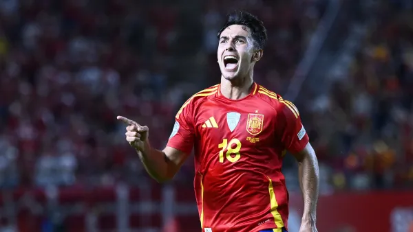 Spain's midfielder #18 Martin Zubimendi celebrates scoring the opening goal during the UEFA Nations League, league A group 4 football match between Spain and Denmark at Nueva Condomina stadium in Murcia, on October 12, 2024. (Photo by JOSE JORDAN / AFP)