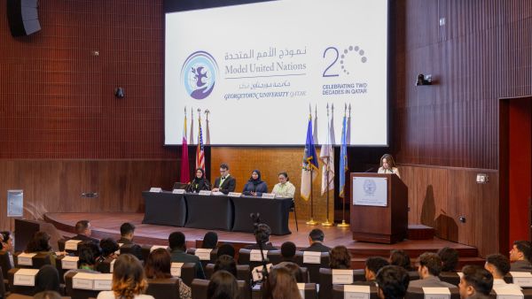 During the event. Regional Universities Converge on Georgetown Qatar to Practice Diplomacy and Share Best Practices in Student Learning