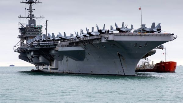 Stokes Bay, Hampshire, UK October 8 2018 USS Harry S Truman at anchor Houthis claim missile and Drone attack on US aircraft carrier in Red Sea