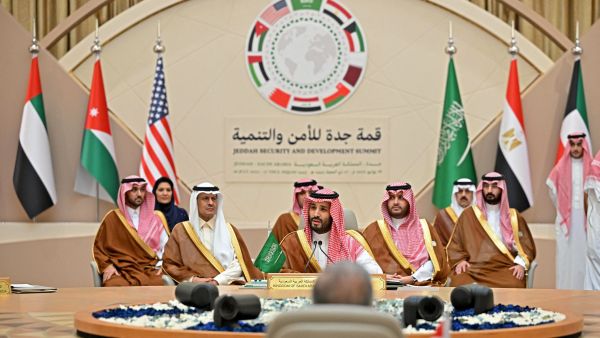 Saudi Crown Prince Mohammed bin Salman speaks during the Jeddah Security and Development Summit (GCC+3) at a hotel in Saudi Arabia's Red Sea coastal city of Jeddah on July 16, 2022. AFP Saudi Arabia to host key regional leaders for high-stakes talks on Gaza