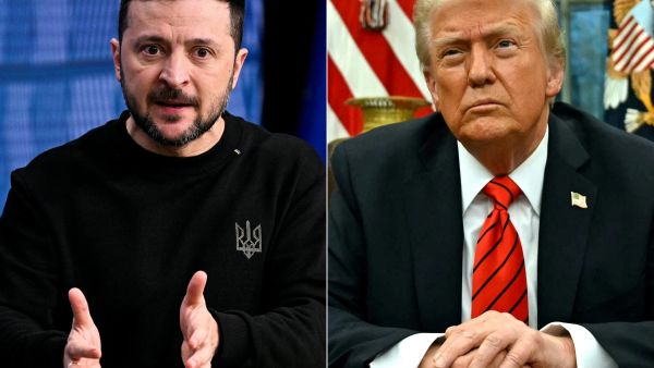 This combination of pictures created on February 19, 2025 shows, L-R, Ukraine's President Volodymyr Zelensky in Brussels on December 19, 2024 and US President Donald Trump in Washington, DC, on February 10, 2025. US President Donald Trump called Ukrainian leader Volodymyr Zelensky a "dictator without elections" on February 19, 2025, stepping up his attacks as tensions soar between Kyiv and Washington. (Photo by JOHN THYS and ANDREW CABALLERO-REYNOLDS / AFP)