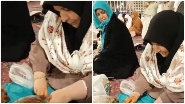 Turkish woman kneading raw Kofta inside Prophet's Mosque in Saudi Arabia