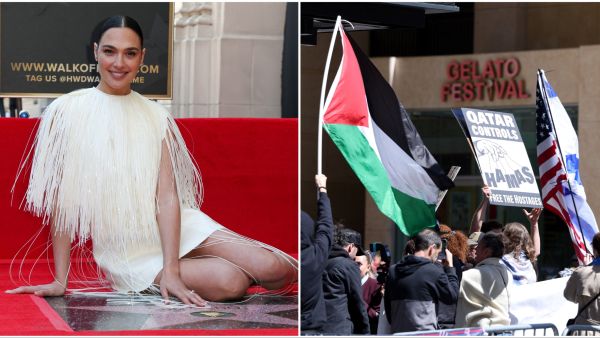 Gal Gadot attends her Hollywood Walk of Fame Star Ceremony(Photo by VALERIE MACON / AFP) / Pro-Israel and pro-Palestinian people protest in front of the El Capitan Theater during Israeli actress Gal Gadot's Hollywood Walk of Fame Star Ceremony(Photo by VALERIE MACON / AFP) Gal Gadot / Israel Palestine